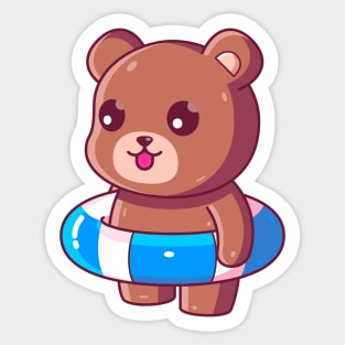 Cute brown bear with swimming ring summer vacation Sticker